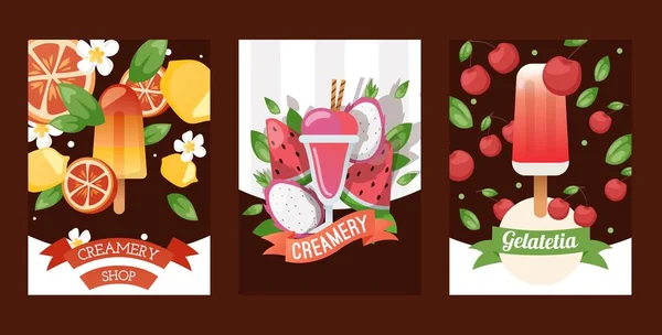 Ice cream banners, vector illustration. Creamery shop advertisement, gelateria menu cover. Dessert with fresh fruit flavor, assortment of refreshing ice cream. Frozen juice on popsicle — Stock Vector