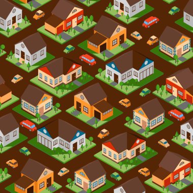 Kusursuz desenli Isometric evler, vektör illüstrasyonu. İkamet bölgesinin sokaklarıyla sarma kağıdı. Oyun tasarımı için izole edilmiş izometrik binalar, banliyö evleri