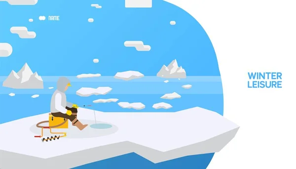 IJsvissen in bevroren zee of meer, visser winter hobby, vector illustratie — Stockvector