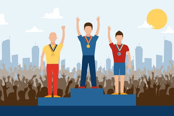 Νικητές ανταγωνισμού σε βάθρο, διανυσματική απεικόνιση. Αθλητικοί πρωταθλητές στη σκηνή με μετάλλια, κερδίζουν μπροστά σε πλήθος οπαδών που ζητωκραυγάζουν. Βραβευμένοι αθλητές — Διανυσματικό Αρχείο