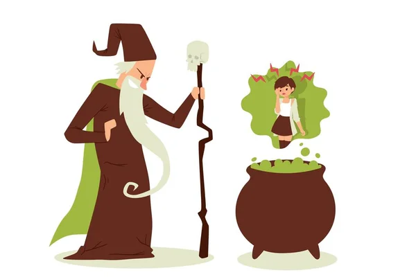 Evil sorcerer cast spell on woman, old wizard with beard and staff, vector illustration — Stock Vector