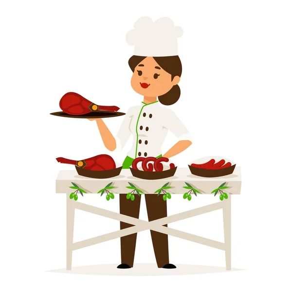 Mulher cozinheiro chef apresenta presunto de luxo, restaurante catering vetor ilustração —  Vetores de Stock