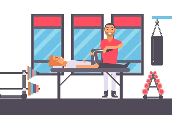 Masaje de fisioterapia para deportista lesionado gimnasio rehabilitación vector ilustración — Vector de stock