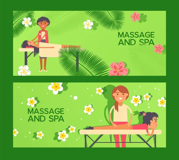 Masaje en el salón de spa, ilustración del vector del banner del tratamiento de la salud — Vector de stock