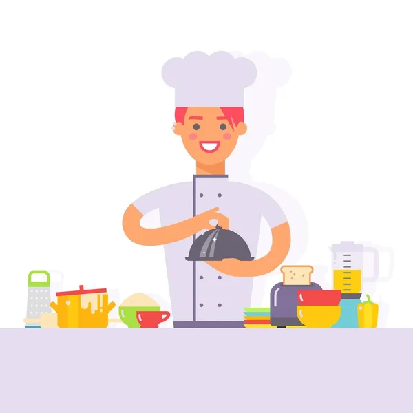 Kobieta kucharz kreskówka postać gotowanie w kuchni prosty płaski styl wektor ilustracja — Wektor stockowy