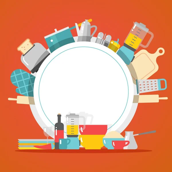 Kitchen cookware dishes and appliances household shop vector illustration — Stock vektor