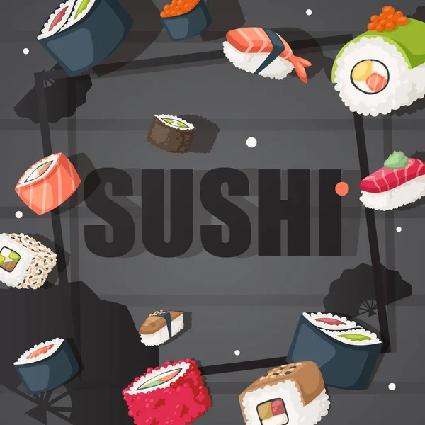 Modelo de capa de menu Sushi, ilustração vetorial. Restaurante de frutos do mar japonês, seleção de sushi tradicional asiático e rolos. Prato de comida saudável de arroz e peixe cru — Vetor de Stock