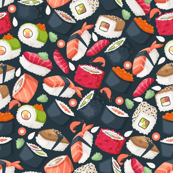 Sushi μεμονωμένες εικόνες σε αδιάλειπτη μοτίβο, διανυσματική απεικόνιση. Σχεδιασμός χαρτιού περιτυλίγματος για ιαπωνικά πακέτα παράδοσης φαγητού εστιατορίου. Παραδοσιακή ασιατική κουζίνα θαλασσινά πιάτο — Διανυσματικό Αρχείο