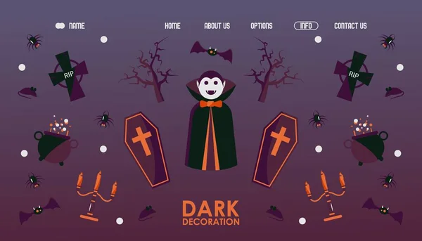 Halloween weboldal tervezés, vektor illusztráció. Landing page template hagyományos szimbólumokkal halloween vámpír Drakula, koporsó, pók, denevér és halott fa — Stock Vector