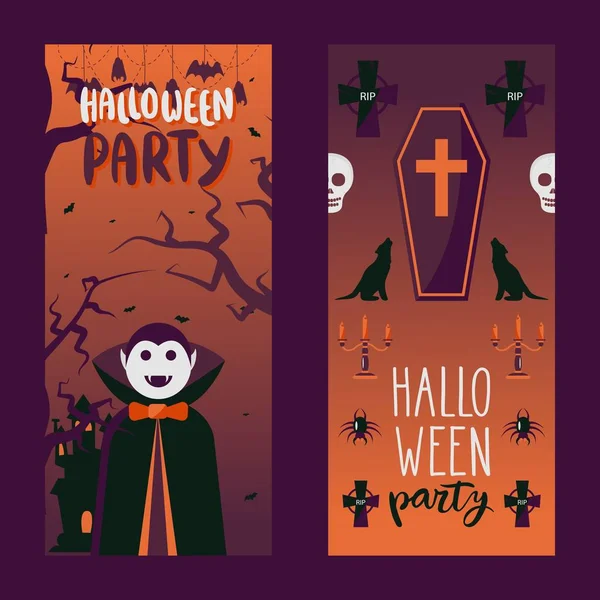 Invitación de fiesta de Halloween, ilustración vectorial. Banderas verticales con símbolos tradicionales de halloween vampiro Drácula, ataúd, araña, murciélago y cruz — Vector de stock