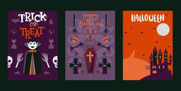 Banderas de Halloween, ilustración vectorial. Conjunto de tarjetas de tipografía, plantilla de invitación de fiesta con símbolos tradicionales de halloween. Vampiro, ataúd, murciélagos voladores y castillo encantado — Vector de stock
