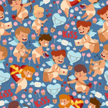 Eros bebekleri kusursuz şekildeler, vektör illüstrasyonu. Sevgililer günü hediyesi için ambalaj kağıdı, küçük sevimli aşk melekleri. Aşk tanrısı ok ve kalp sembolleriyle nişan alır