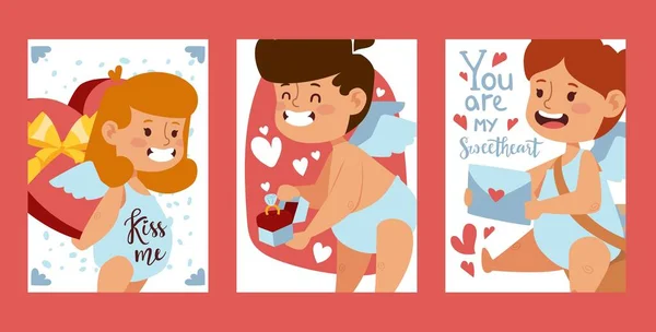 Amor Babys Banner, Vektorillustration. Valentinstag Grußkarte Vorlage, niedliche kleine Engel, Symbole der Liebe. romantische Postkarten mit entzückenden Kuppeln — Stockvektor