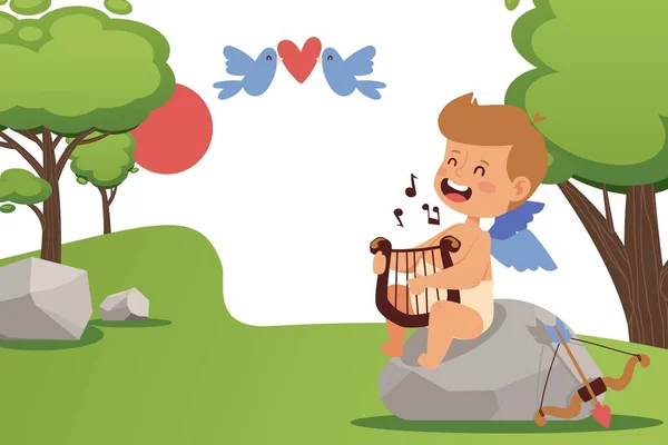 Cupid lille pojke sjunga och spela ängel harpa, vektor illustration. Söt liten ängel av alla hjärtans dag, enkel sommar landskap. Förtjusande cupid tecknad karaktär — Stock vektor