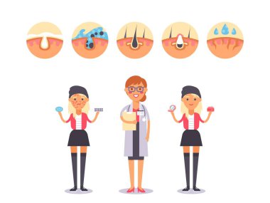 Gençler için profesyonel cilt bakımı, vektör çizimi. Cilt sorunu olan genç kızlar için dermatoloji çözümü. Gülen cilt doktoru çizgi film karakteri