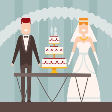 Gelin ve damat düz stil düğün figürleri, vektör çizimi. Yeni evli çiftimiz düğün pastasıyla masada duruyor. Elbiseli kadın, takım elbiseli erkek. Klasik tören.