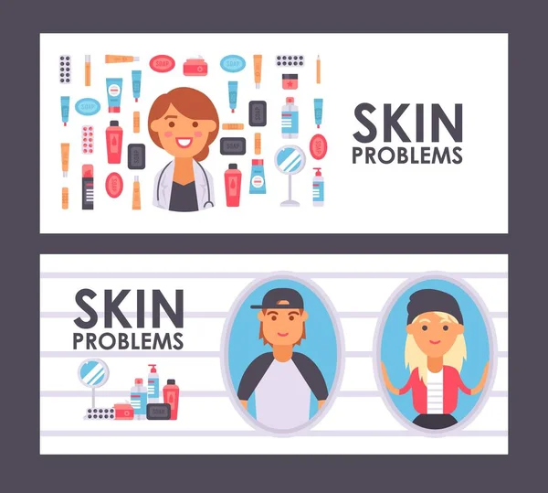 Skin care banner, vector illustration. Professional dermatology treatment products for teenagers with skin problems. Flat style icons, smiling skincare doctor — Stock Vector