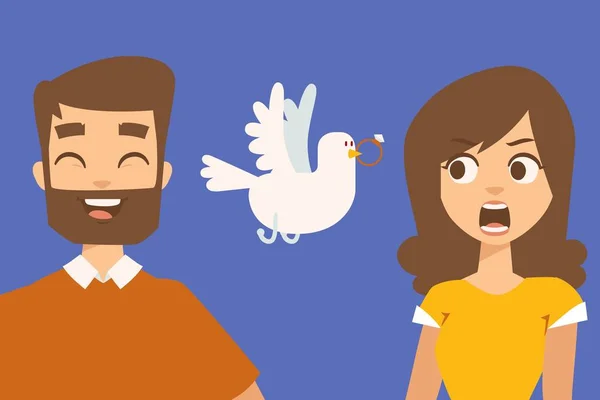 Relacionamento de casal, personagens engraçados de desenhos animados, ilustração vetorial. Proposta de casamento romântico, namorado rindo e namorada surpresa. Casal de desenhos animados na data —  Vetores de Stock