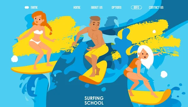 Szörf iskola weboldal design, vektor illusztráció. Landing page template színes rajzfilm stílusban, vonzó fiúk és lányok lovaglás hullámok szörfdeszkákon. Fiatal szörfös karakter — Stock Vector
