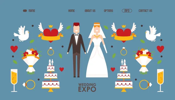 Mariage expo conception de site Web, illustration vectorielle. Modèle de page de débarquement avec des symboles et des icônes d'amour dans un style plat simple. Chiffres abstraits du couple nouvellement marié — Image vectorielle