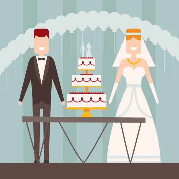 Mariage de mariée et marié chiffres de style plat, illustration vectorielle. Couple nouvellement marié abstrait debout à table avec gâteau de mariage, femme en robe, homme en costume. Cérémonie classique — Image vectorielle