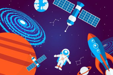 Dış uzay arka planı, vektör illüstrasyonu. Çocuklar için astronomi posteri, uzay, galaksi, uydu, gezegen ve uzay giysisi içinde basit düz stil sembolleri