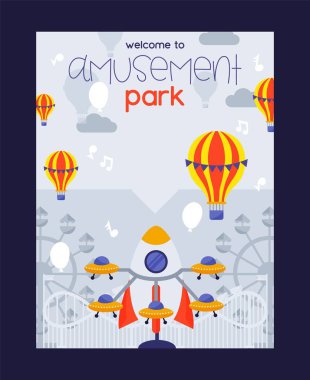 Lunapark posteri, vektör illüstrasyonu. Yaz panayırı atlıkarıncaları, sıcak hava balonları. Eğlence davetiyesi şablonu, reklam kampanyası. Fuar bileti
