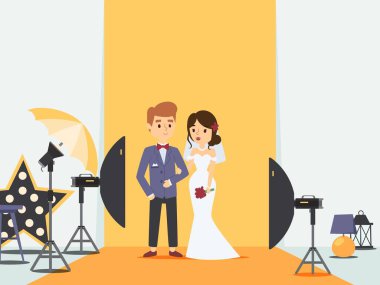 Bride and groom at wedding photoshoot in photo studio, vector illustration. Newlywed couple cartoon character, professional photography equipment. Husband and wife clipart