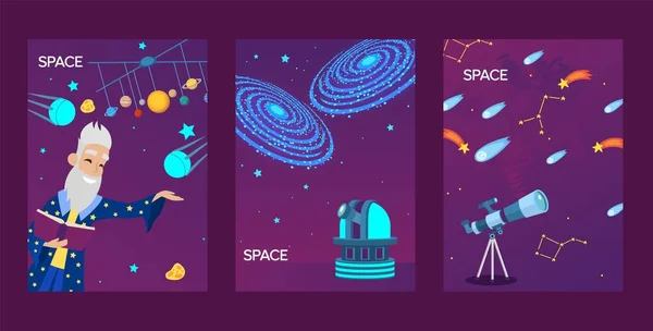 Astronomy banners, vector illustration. Space research station, observatory telescope. Old astronomer cartoon character, flat style icons of stars, satellite, comet and meteor — Stock Vector