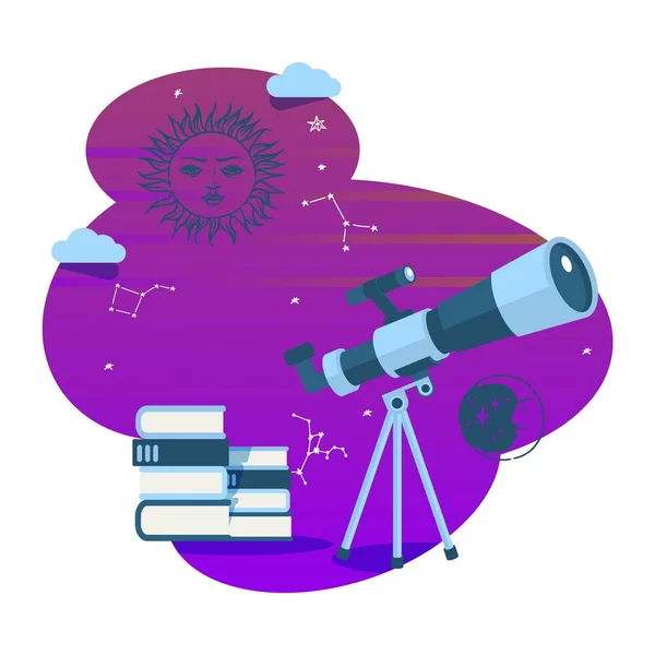 Astronomietelescoop, vectorillustratie. Ruimteonderzoek hobby, optische technologie instrument en wetenschap boeken. Oude stijl grafische iconen van zon en maan. Draagbare telescoop — Stockvector