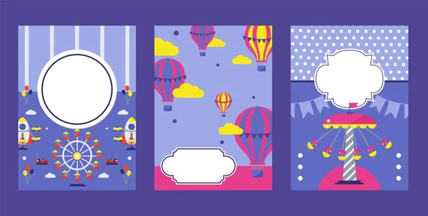 Nöjespark inbjudan banner, vektor illustration. Sommarmarknad med karuseller och varmluftsballonger. Rolig inbjudan, nöjespark entré biljett — Stock vektor