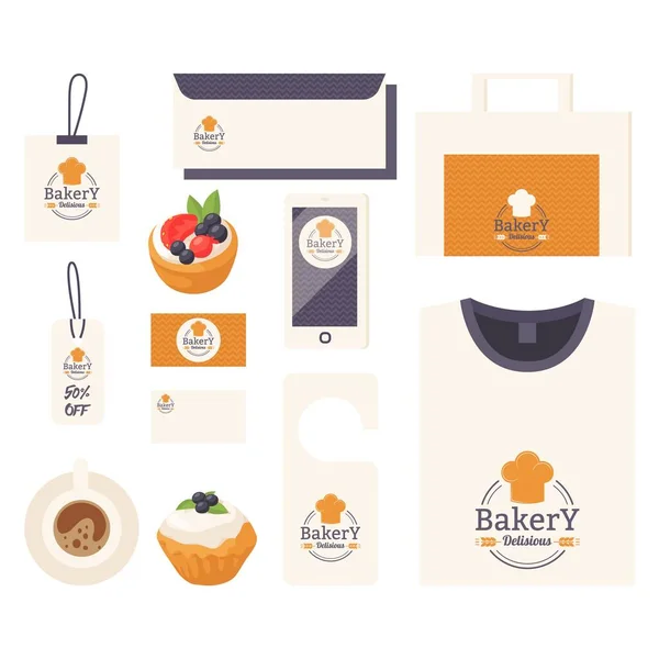Bäckerei Corporate Identity Artikel mit Emblem, Vektorillustration — Stockvektor