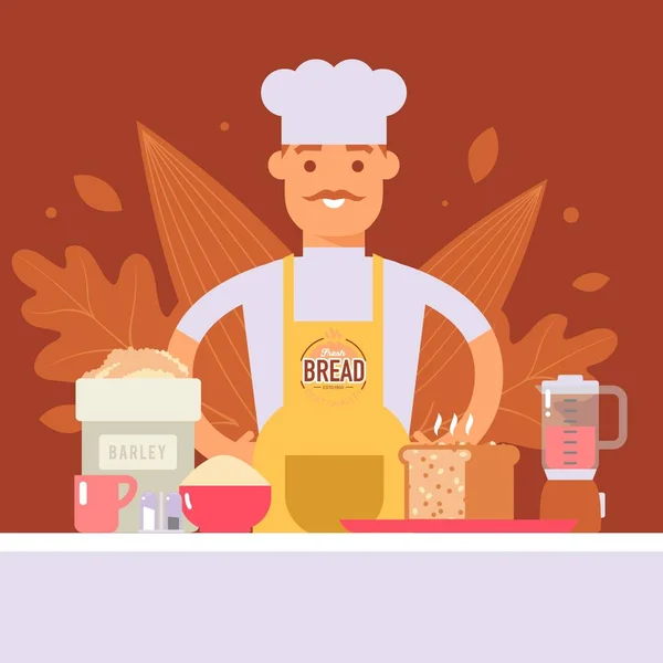 Bagare gör bröd, professionell kock i kock uniform vektor illustration — Stock vektor