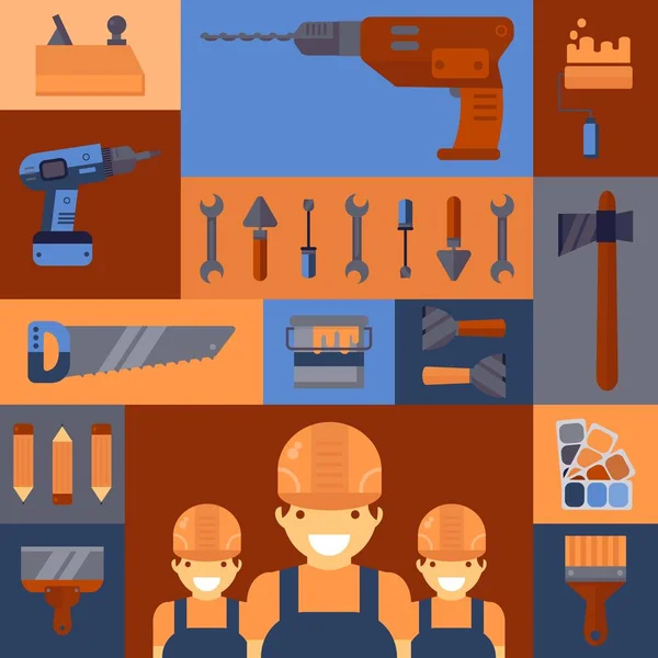 House repair service tools, colorful collage with flat style icons and stickers, vector illustration. Set of professional building instruments, house construction workers team — 스톡 벡터