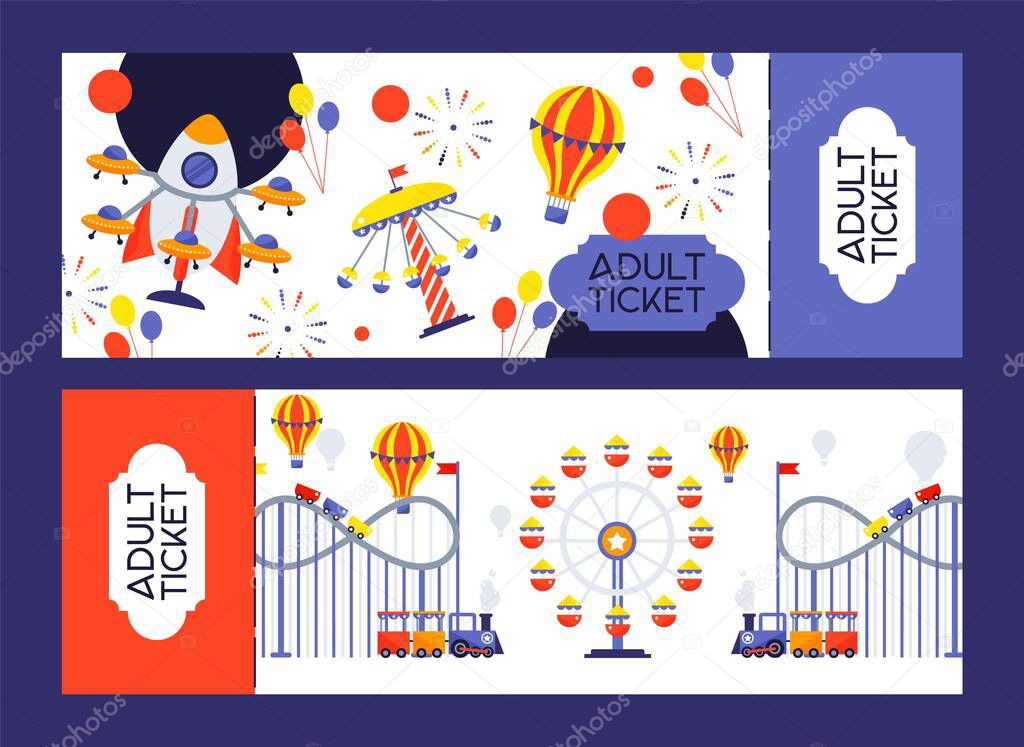 Amusement park ticket, vector illustration. Summer fairground carousels, roller coasters and hot air balloons. Funfair invitation, fairground entrance ticket