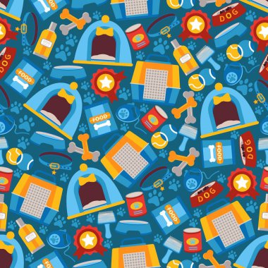 Pet shop ürünleri pürüzsüz desen, köpek bakımı ikonları vektör illüstrasyonu