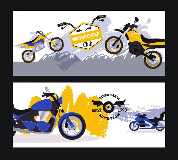 Bannière de club de motocycliste, vélo de sport sur fond de montagne, illustration vectorielle — Image vectorielle