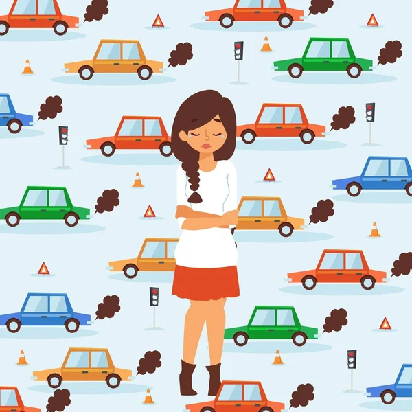 Chica triste en el tráfico, accidente de coche roto vector ilustración — Vector de stock