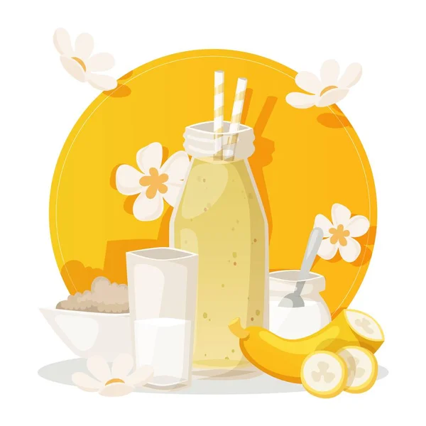 Batido de plátano, ingredientes para bebidas frescas y saludables, ilustración vectorial — Archivo Imágenes Vectoriales
