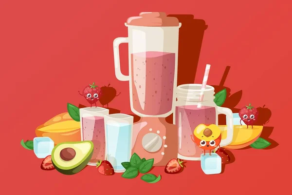 Frullato di frutta ingredienti, bevanda fresca estiva, illustrazione vettoriale — Vettoriale Stock