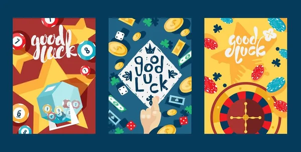 Hodně štěstí v hazardu, typografické transparenty, vektorové ilustrace. Sada karet se symbolem kasina, herní ikona. Jackpot, loterie, bingo, poker a ruleta. Reklama na kasino — Stockový vektor