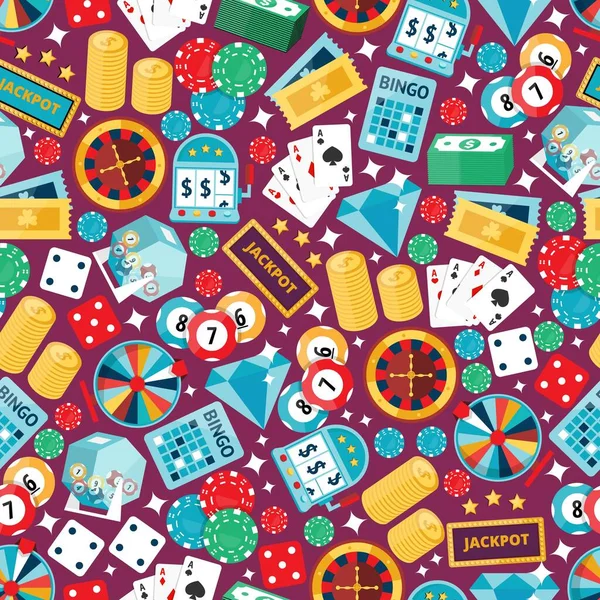 Kasino spelande sömlöst mönster, vektor illustration. Symboler av lycka, ikoner av lycka, isolerade emblem i platt stil. Spelinrättning bakgrund, jackpot, poker — Stock vektor