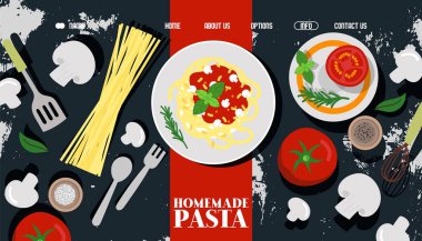 Homemade pasta vector illustration for Italian food restaurant landing page with spaghetti, tomato sauce, basil and mushrooms.