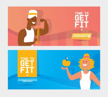 Fitness web banner design vector illustration, sport website template with men cartoon characters for gym landing page.