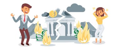 Bank went bankrupt vector illustration with worried man and woman cartoon characters feeling bankruptcy crisis.