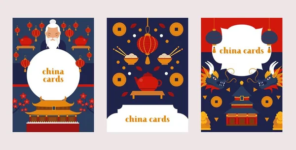 China-Karten-Vektorillustration mit chinesischen Kultursymbolen wie Drache, Goldmünze, grauem Holunder und traditionellem antiken Gebäude. — Stockvektor