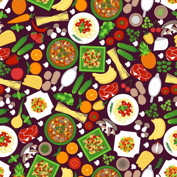 Alimentação sem costura padrão vetor ilustração. Fundo com legumes e frutas para design de papel de parede ou decoração de restaurante . —  Vetores de Stock