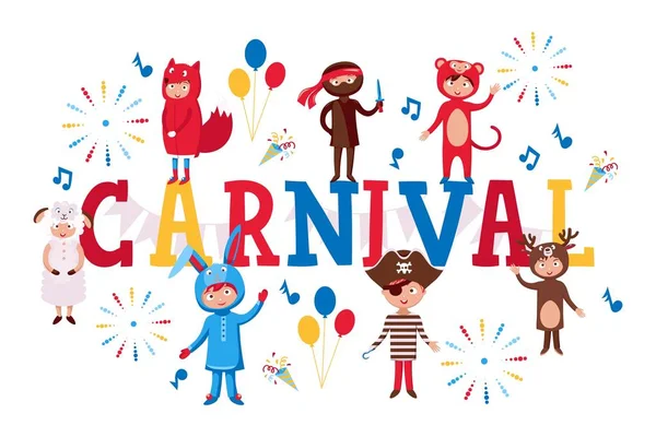 Children in costumes, new years carnival invitation, typographic vector illustration — Stock Vector