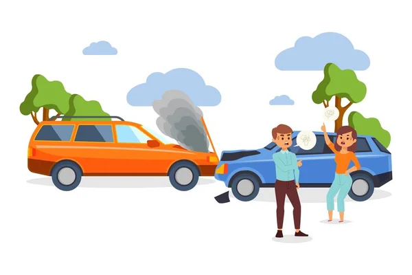 Auto-ongeluk vector illustratie met mensen cartoon tekens met conflict als gevolg van botsing van het voertuig. — Stockvector