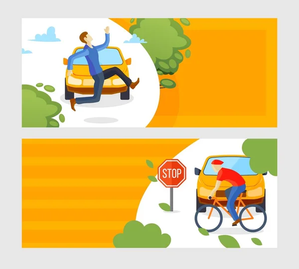 Banner de seguro de accidentes de coche o plantilla de folleto con personas en peligro en la ilustración vectorial peatonal y ciclista . — Vector de stock